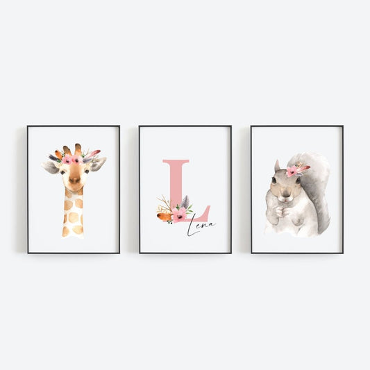 Poster Set Giraffe und Eichhörnchen "Boho"-Blumenschmuck mit Namen